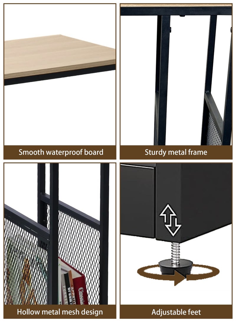 شويوين طاولة جانبية على شكل C مع مساحة تخزين شبكية، سطح خشبي صناعي بإطار معدني، بني وأسود - Image 5