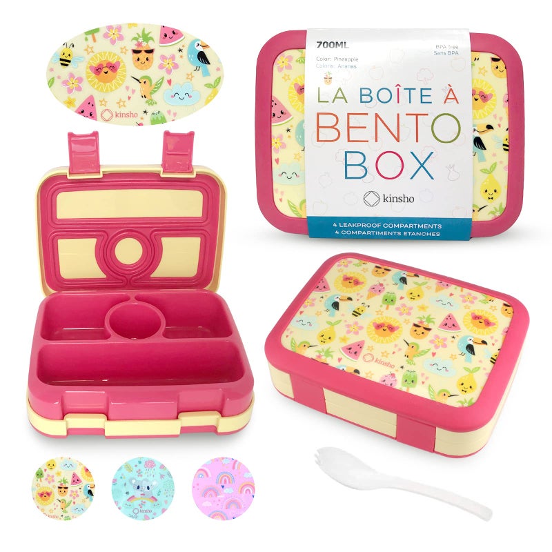 Kinsho kinsho Bento Lunch Box for Kids Toddlers Girls 4 Portion Sections Secure Lid Microwave Safe BPA Free Removable Tray PreSchool Kid Daycare Lunches Snack Container Ages 3 to 5 Cute Summer 