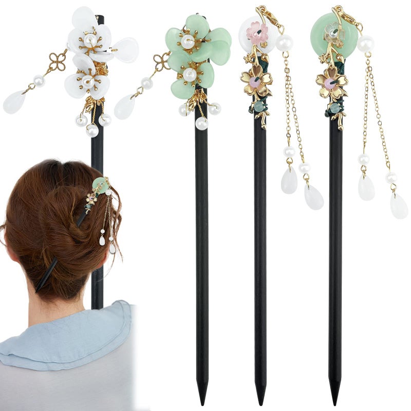 Aswewamt 4 Pcs Japanese Chinese Hair Stick Retro Wooden Hairpin Flower Hair Chopsticks Vintage Hanfu Pins Headdress Classic Hair Fork for Long Hair Women - Image 1