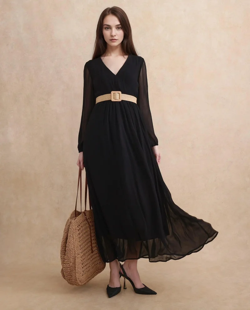 ريريزم Rareism Women's Janclin Black 100% Viscose Fabric V-Neck Zipper Closure Bishop Sleeve Plain Fit And Flare Maxi Dress