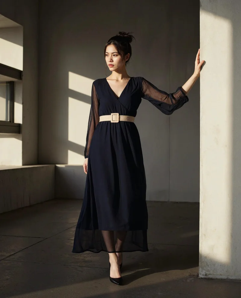 ريريزم Rareism Women's Janclin Black 100% Viscose Fabric V-Neck Zipper Closure Bishop Sleeve Plain Fit And Flare Maxi Dress