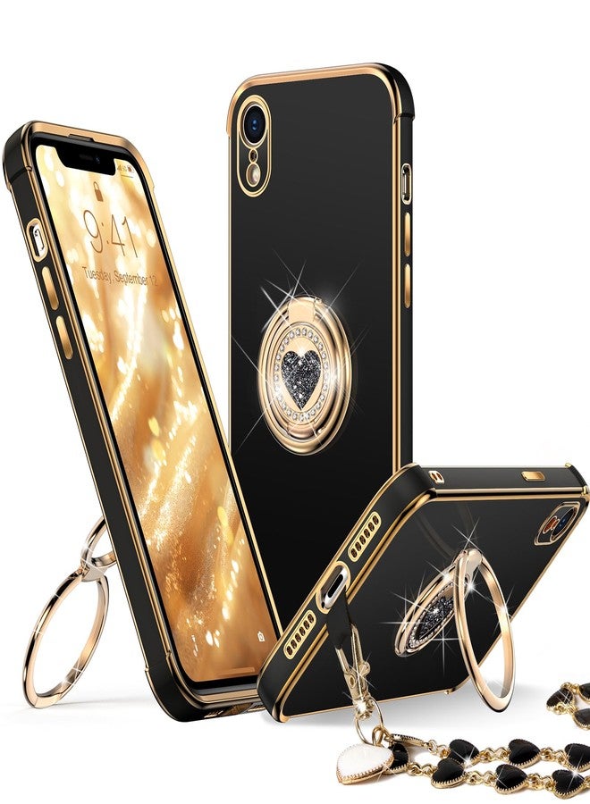 XYZ جراب XYZ لهاتف iPhone XR مع حامل، جراب هاتف XR مع حامل مزدوج الحلقات، جراب حماية فاخر مرصع بالكريستال على شكل قلب للنساء والفتيات لهاتف iPhone XR (6.1 بوصة)، أسود - Image 1