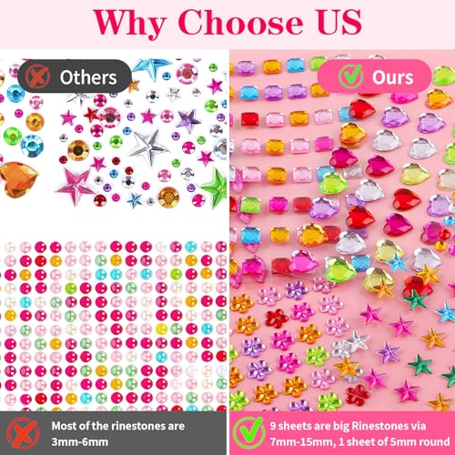 Hoiny 407pcs Gem Stickers Crafts for Kids, Self Adhesive Jewel Stickers, Acrylic Bling Stick on Gems, Big Rhinestone Stickers for Crafts, Muticolor Gemstone Sticky Gems for Crafting Decorating DIY - Image 3