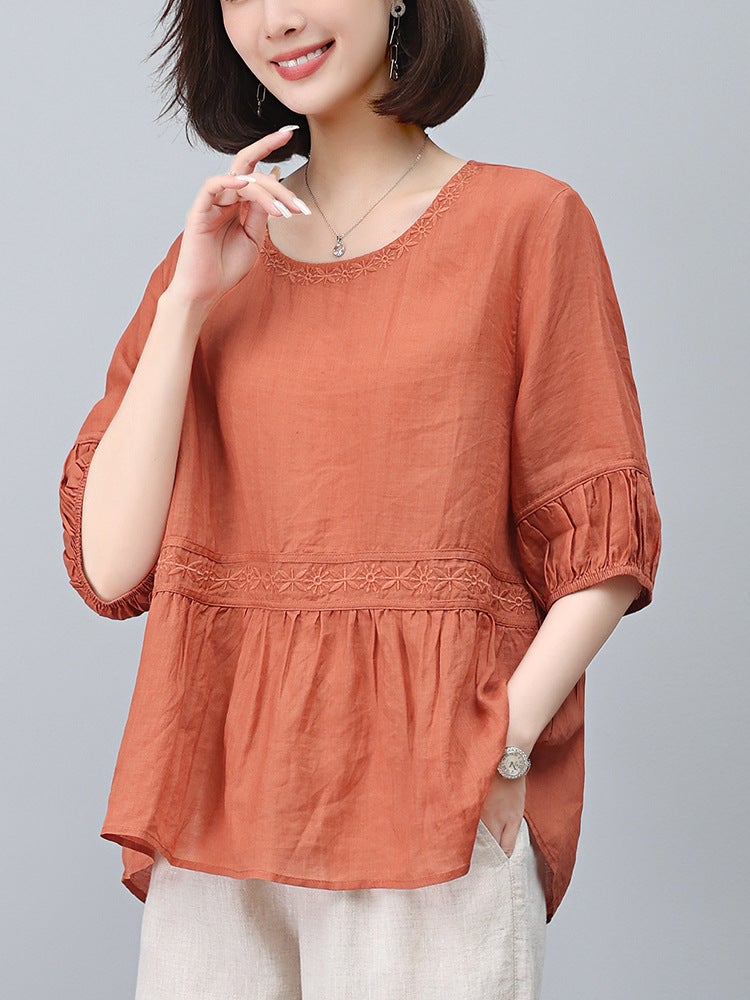 Ramie T-Shirt Women'S Slim Shirt Popular This Year Beautiful Middle-Aged Mother'S Summer Short-Sleeved Top - Image 3