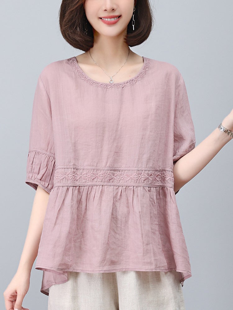 Ramie T-Shirt Women'S Slim Shirt Popular This Year Beautiful Middle-Aged Mother'S Summer Short-Sleeved Top - Image 4