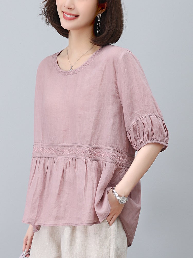 Ramie T-Shirt Women'S Slim Shirt Popular This Year Beautiful Middle-Aged Mother'S Summer Short-Sleeved Top - Image 2