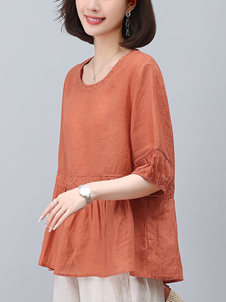 Ramie T-Shirt Women'S Slim Shirt Popular This Year Beautiful Middle-Aged Mother'S Summer Short-Sleeved Top - Image 5