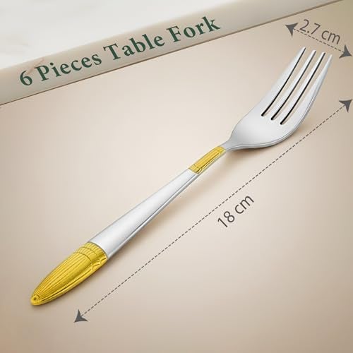 Parage 6 Pieces Stainless Steel 24k Golden Forks Set, 18 cm Long, Premium Cutlery for Home & Kitchen, Luxury Dining Tableware Gift for House Warming,24 Karat Gold Plated Table Forks, Ivory Design - Image 3