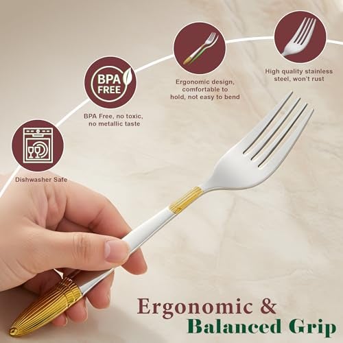 Parage 6 Pieces Stainless Steel 24k Golden Forks Set, 18 cm Long, Premium Cutlery for Home & Kitchen, Luxury Dining Tableware Gift for House Warming,24 Karat Gold Plated Table Forks, Ivory Design - Image 4