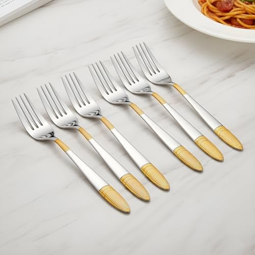Parage 6 Pieces Stainless Steel 24k Golden Forks Set, 18 cm Long, Premium Cutlery for Home & Kitchen, Luxury Dining Tableware Gift for House Warming,24 Karat Gold Plated Table Forks, Ivory Design - Image 1