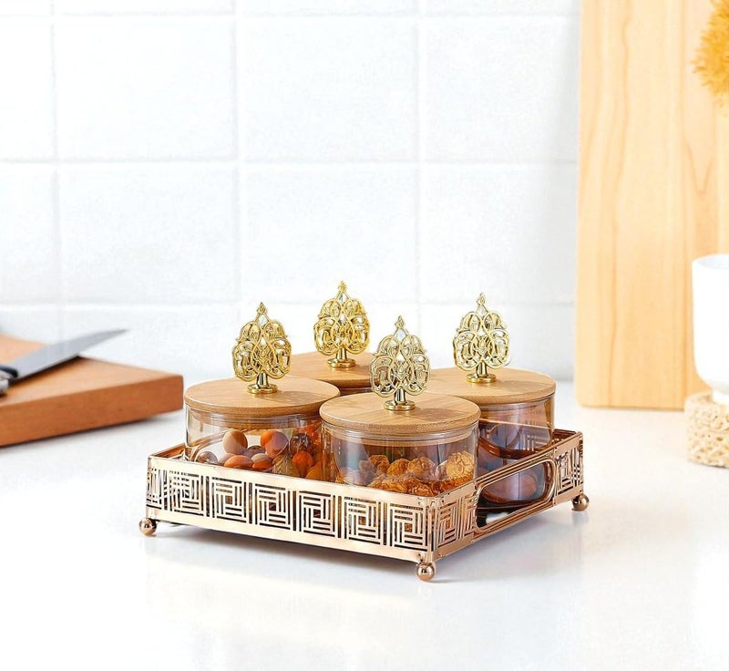 E - Ezra Diwali Serving Tray Dry Fruit, 4 pcs Glass Container Serving Metal Tray Set | 600 ML Each Premium Design Air-Tight Lid Snack Organizer Tray Copper Stand Wooden Lid - Image 5