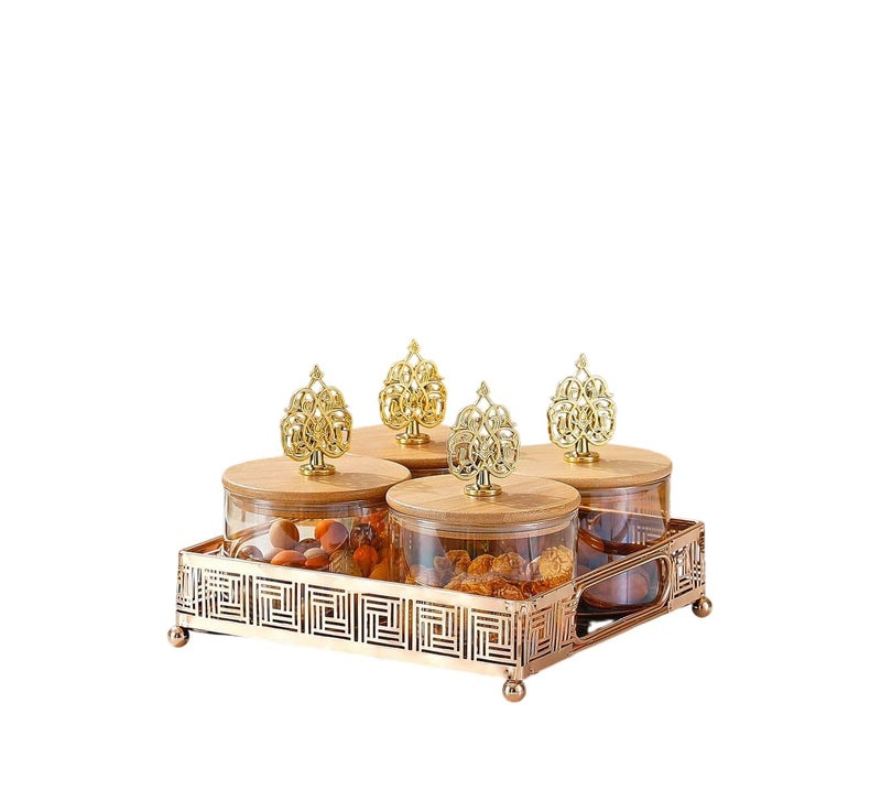 E - Ezra Diwali Serving Tray Dry Fruit, 4 pcs Glass Container Serving Metal Tray Set | 600 ML Each Premium Design Air-Tight Lid Snack Organizer Tray Copper Stand Wooden Lid - Image 2
