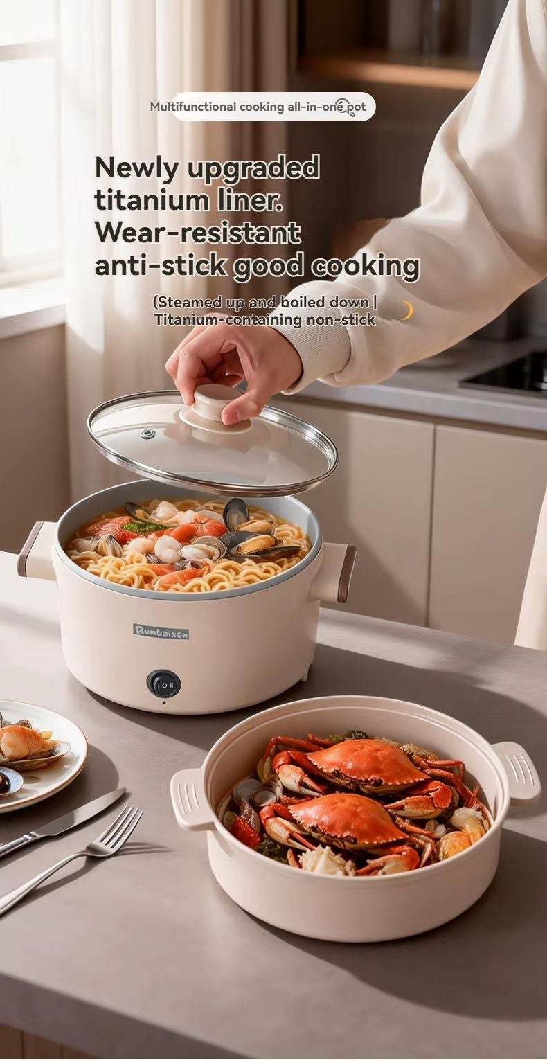 senbowe Electric Hot Pot with Steamer, 2L Multifunctional Non-Stick Electric Cooker Egg Cooker, for Stir Fry/Stew/Steam, Perfect for Noodles/Soup/Egg/Oatmeal 600W  Beige - Image 1