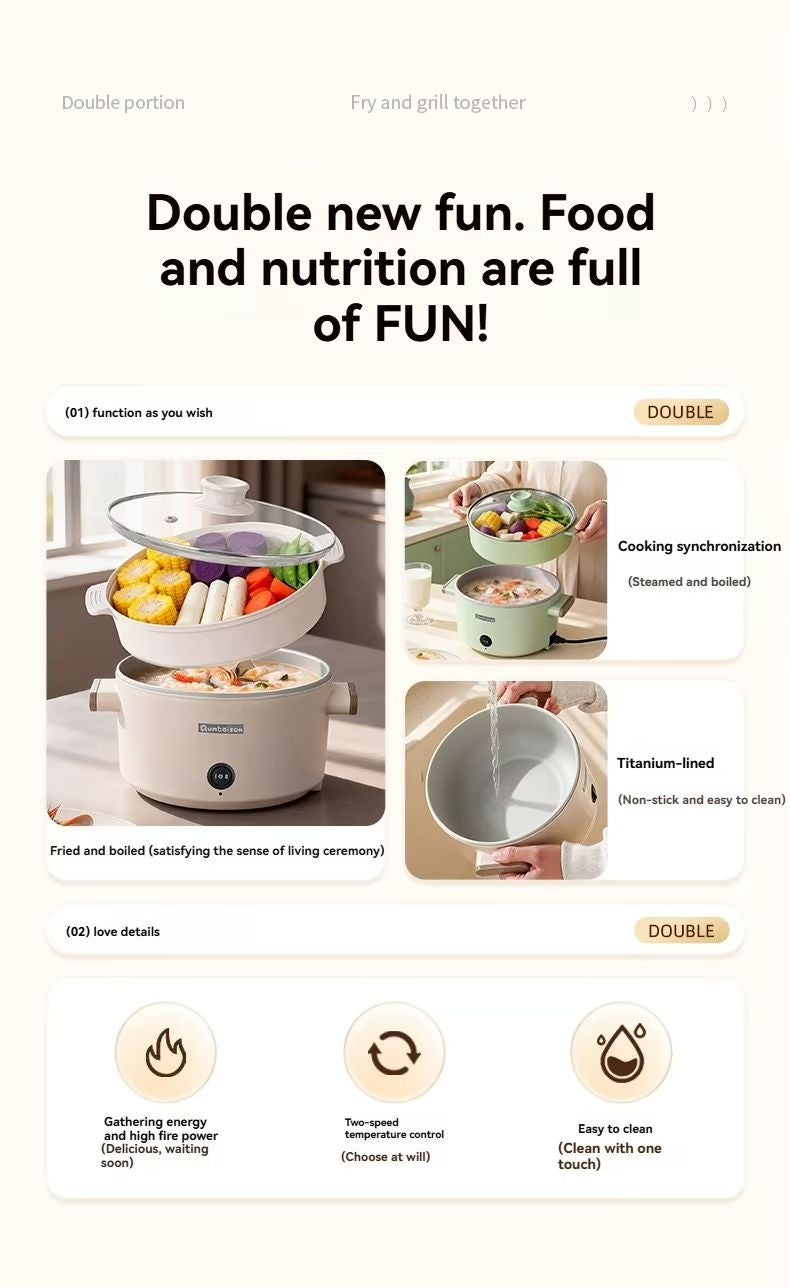 senbowe Electric Hot Pot with Steamer, 2L Multifunctional Non-Stick Electric Cooker Egg Cooker, for Stir Fry/Stew/Steam, Perfect for Noodles/Soup/Egg/Oatmeal 600W  Beige - Image 3