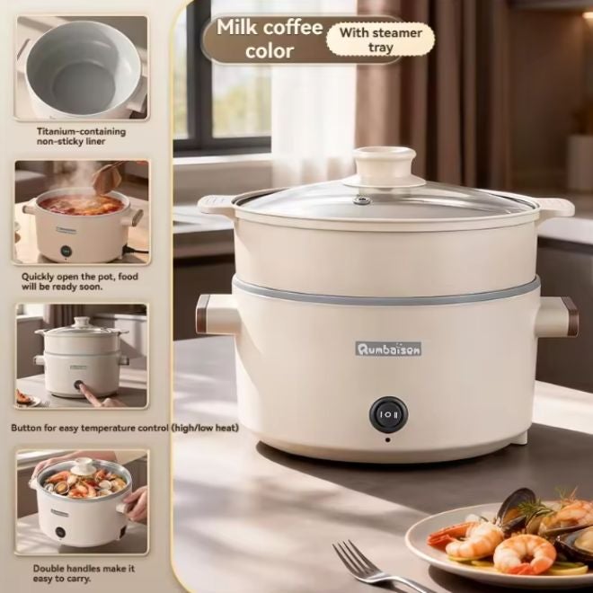 senbowe Electric Hot Pot with Steamer, 2L Multifunctional Non-Stick Electric Cooker Egg Cooker, for Stir Fry/Stew/Steam, Perfect for Noodles/Soup/Egg/Oatmeal 600W  Beige - Image 5