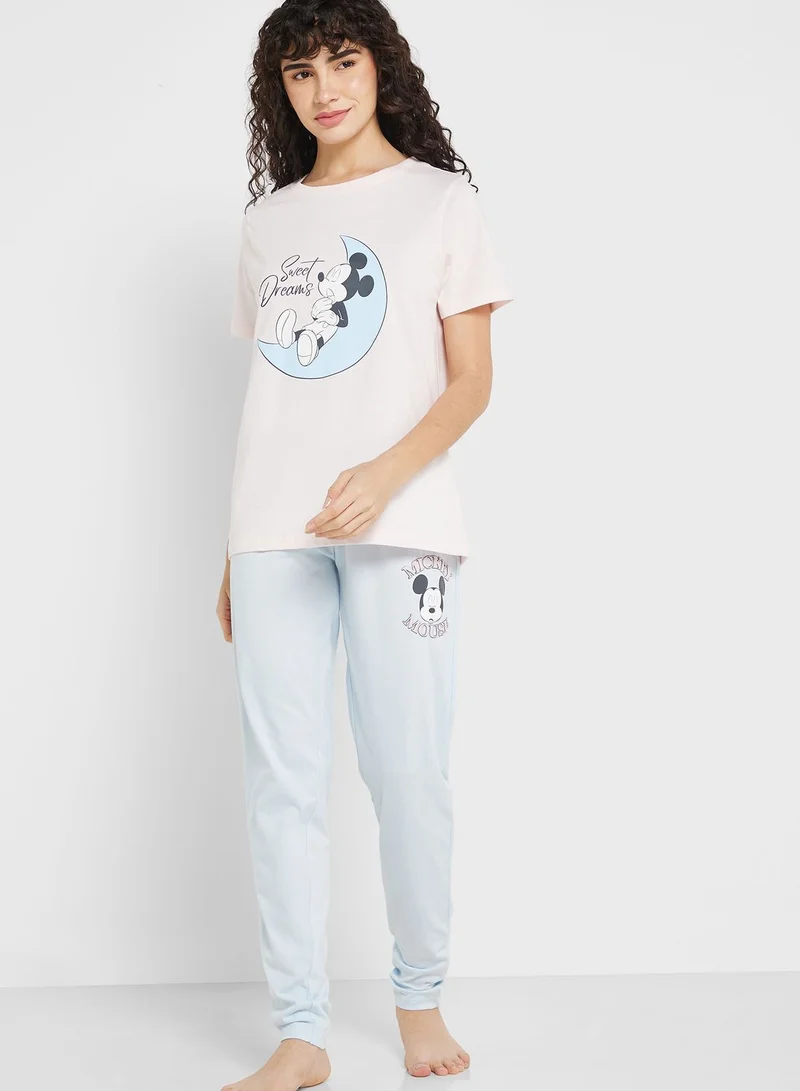 Disney Crew Neck Graphic T-Shirt & Pyjama Set