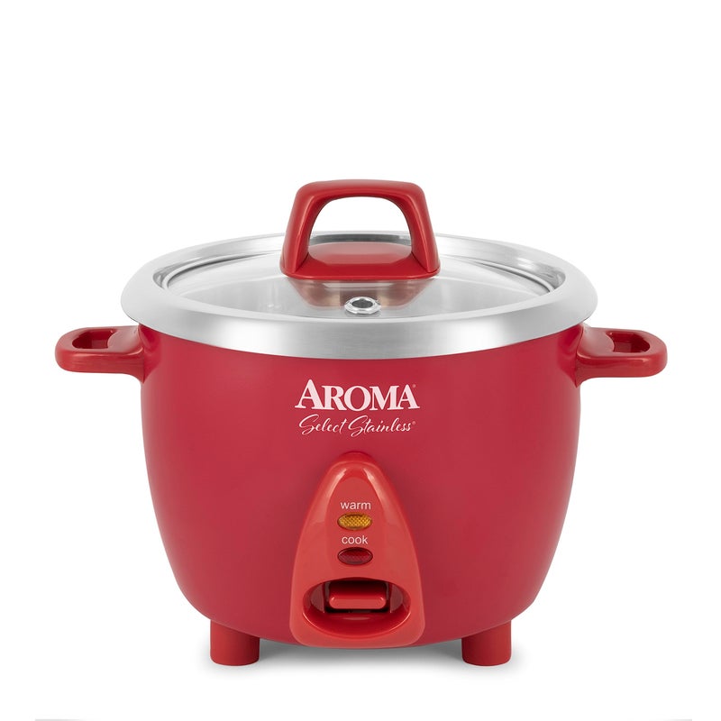 طباخ الأرز الفولاذي المقاوم للصدأ من أروما هاوسويرز مع وعاء داخلي غير مطلي سعة 6 أكواب مطبوخة 12Qt ARC753SGR أحمر