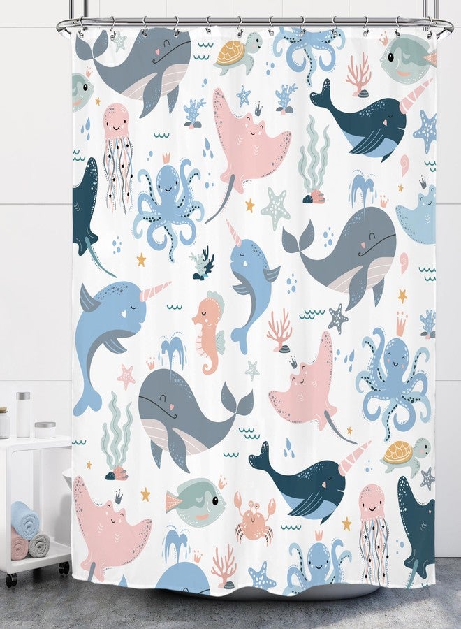 Riyidecor Kids Ocean Whale Shower Curtain 72Wx72H Inch Underwater Dolphin Cartoon Animal Octopus Jellyfish Sealife Cute Pink Blue Marine Turtle Bathroom Decor Fabric Polyester Waterproof 12 Pack Hooks - Image 1