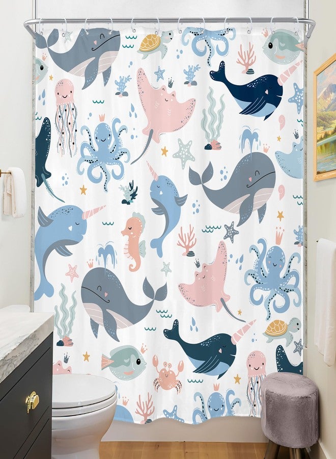 Riyidecor Kids Ocean Whale Shower Curtain 72Wx72H Inch Underwater Dolphin Cartoon Animal Octopus Jellyfish Sealife Cute Pink Blue Marine Turtle Bathroom Decor Fabric Polyester Waterproof 12 Pack Hooks - Image 4