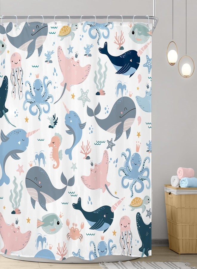 Riyidecor Kids Ocean Whale Shower Curtain 72Wx72H Inch Underwater Dolphin Cartoon Animal Octopus Jellyfish Sealife Cute Pink Blue Marine Turtle Bathroom Decor Fabric Polyester Waterproof 12 Pack Hooks - Image 2