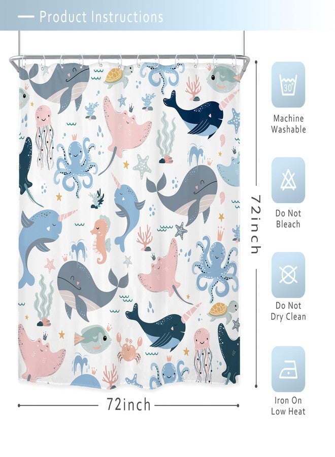 Riyidecor Kids Ocean Whale Shower Curtain 72Wx72H Inch Underwater Dolphin Cartoon Animal Octopus Jellyfish Sealife Cute Pink Blue Marine Turtle Bathroom Decor Fabric Polyester Waterproof 12 Pack Hooks - Image 5