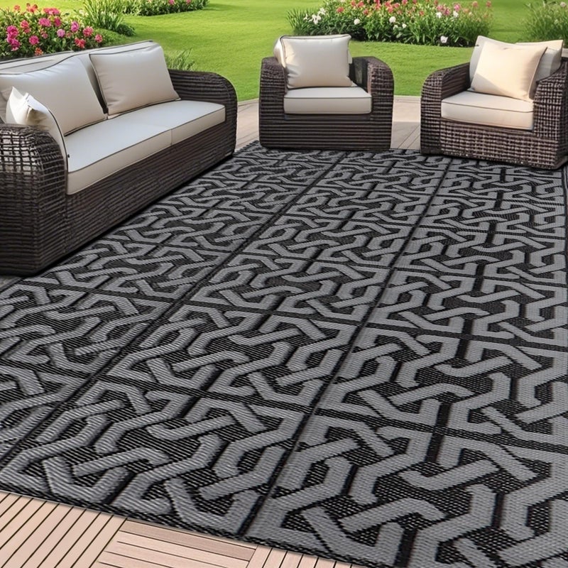 SAND MINE Reversible Mats, Plastic Straw Rug, Modern Area Rug, Large Floor Mat Rug for Outdoors, RV, Patio, Backyard, Deck, Picnic, Beach, Trailer, Camping (9' x 18', Black & Grey) - Image 1