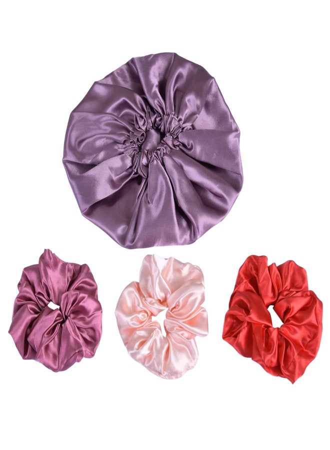NNR Satin Silk Premium Sleeping Caps, Double Layered Stretchable Hair Bonnets & Hair Scrunchies for Girls and Women, for All Head Size, Set of 4 Pcs - Multicolor21 - Image 1