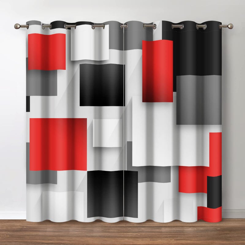 Jekeno Red Black Grey Geometry Blackout Curtains  Abstract Checkered Modern Multicolor Checkered Art Printed for Bedroom Living Room Grommet Darkening Window Drapes 2 Panel Set 52 X 84