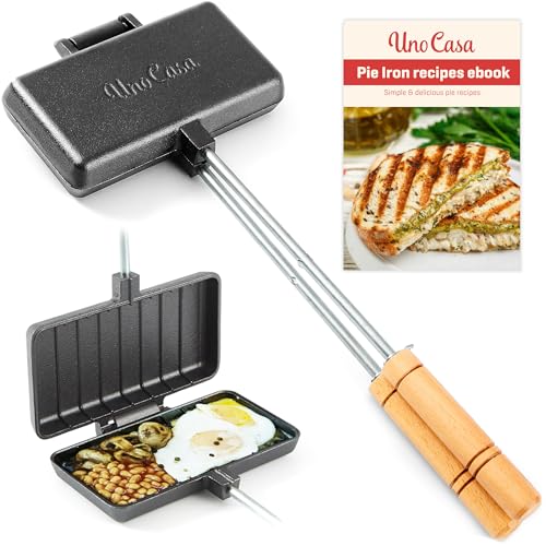 Uno Casa - XL Pie Irons Cast Iron Sandwich Maker - Mountain Japanese Sandwich Maker with Recipe Book - Durable Campfire Cooking Equipment for Toasted Pies, and More - Image 1