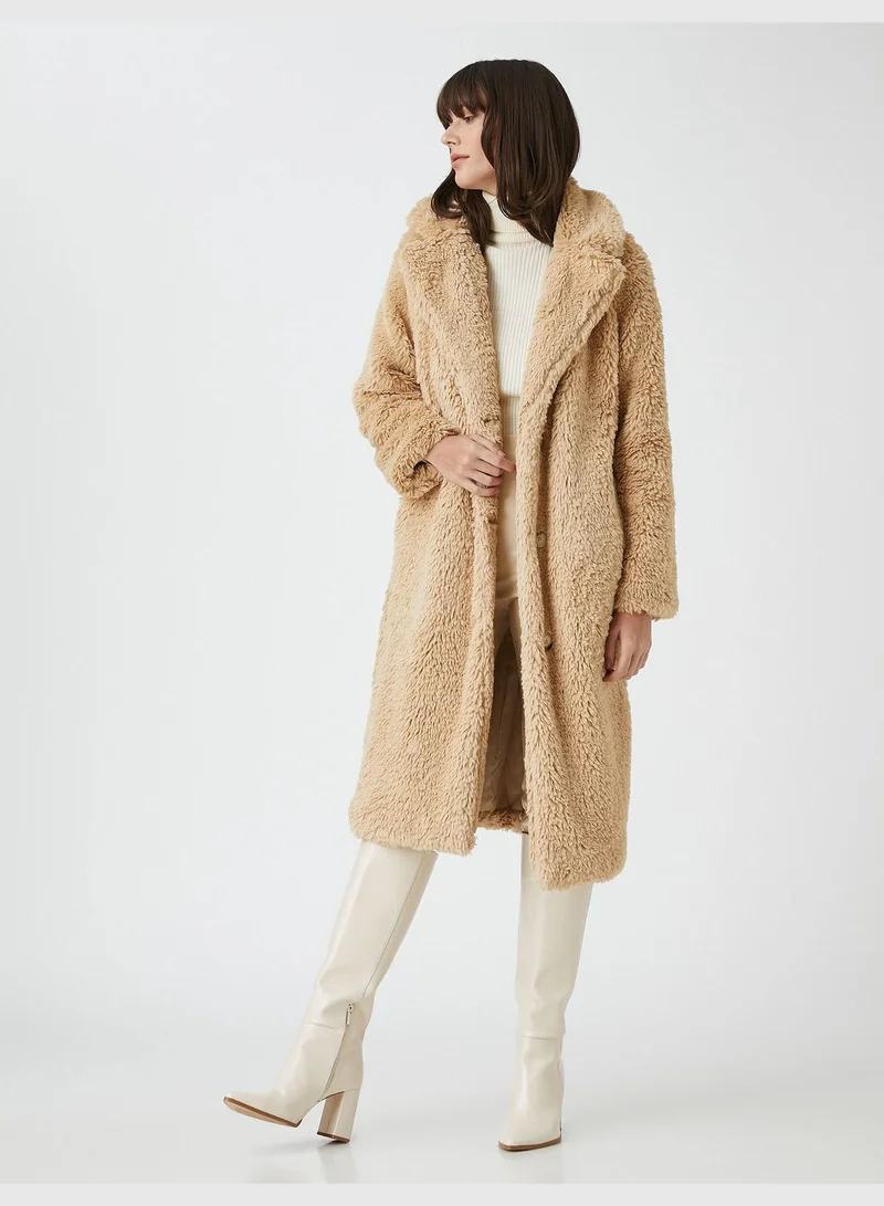 KOTON Oversized Plushy Coat Button Lappel Collar