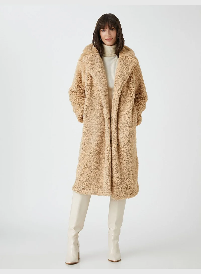 KOTON Oversized Plushy Coat Button Lappel Collar