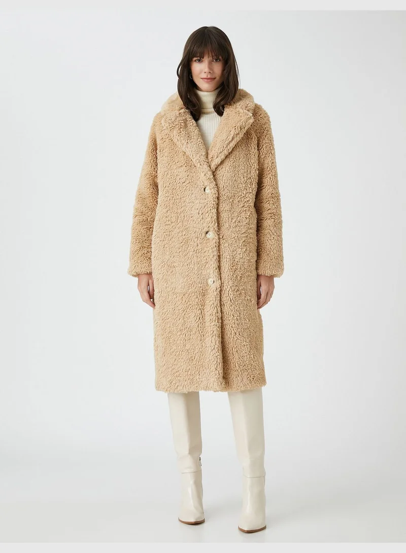 KOTON Oversized Plushy Coat Button Lappel Collar