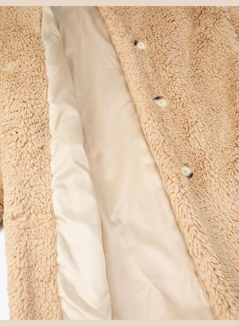 KOTON Oversized Plushy Coat Button Lappel Collar