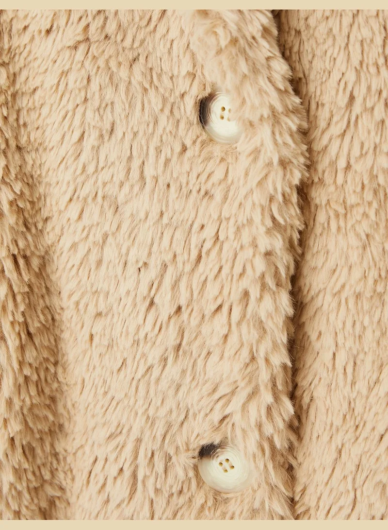 KOTON Oversized Plushy Coat Button Lappel Collar