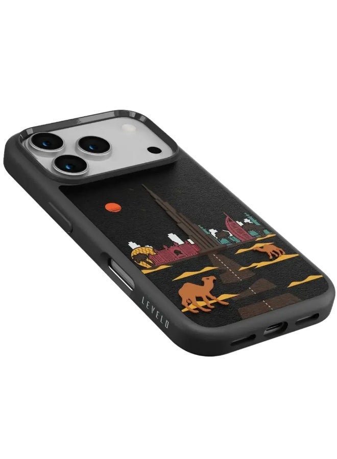 ليفيلو فالو غطاء جلد PU بتصميم دبي مع تشطيب تطريز لهاتف آيفون 17 برو ماكس – أسود منتصف الليل - Image 3