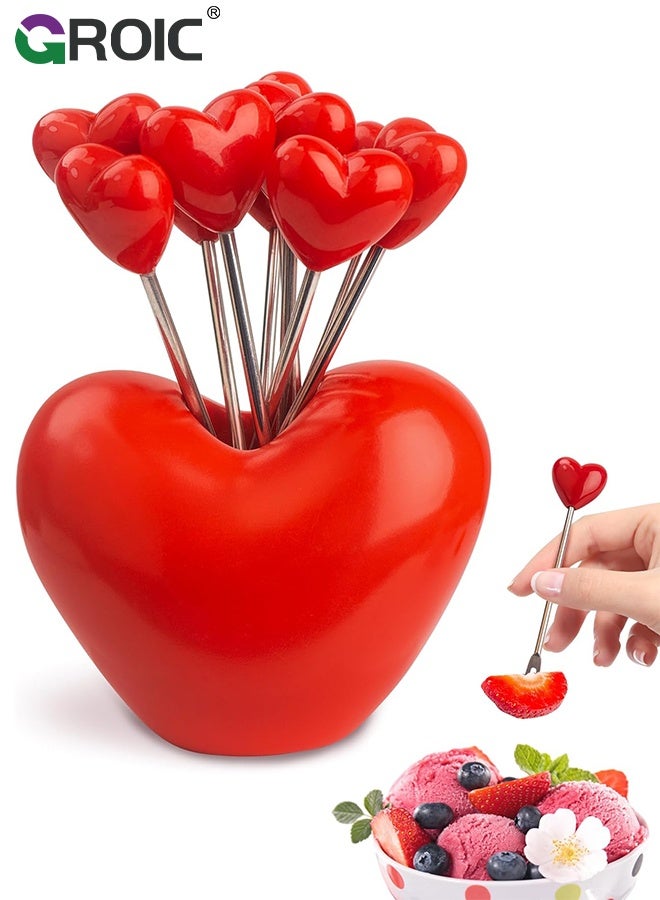 GROIC Red Heart Fruit Fork Set,10-Piece Stainless Steel Utensils with Heart-Shaped Storage Base,Food Picks Repeated Use of Decorate Cute Creative,Daily Use Kitchen Tableware Fruit Fork,Creative heart shape - Image 1