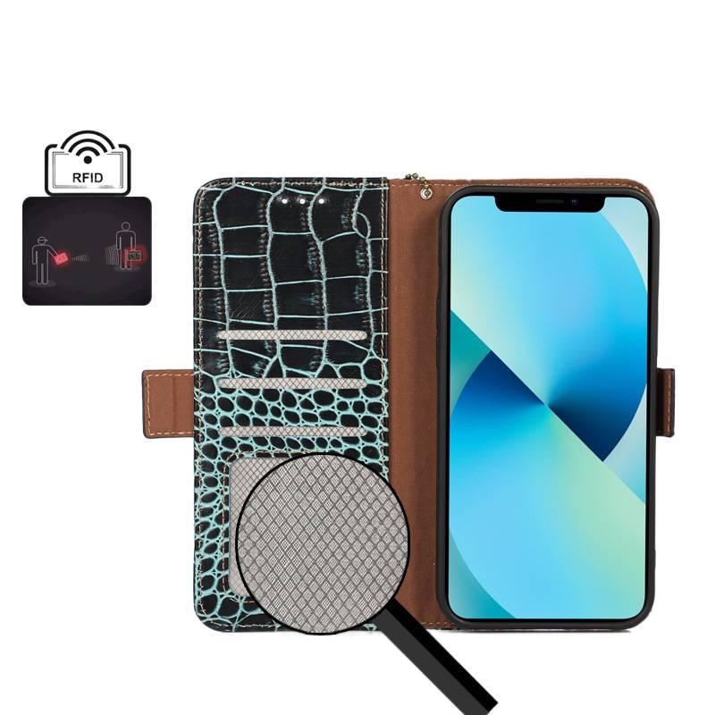 غطاء واقي بملمس جلد لـ Redmi Note 14 مع غطاء جلد قابل للطي وجلد أصلي بنقشة التمساح مع حامل بطاقات مع حامل قائم باللون بني بوظيفة حامل للاستخدام العملي للحمل اليومي للتنقل اليومي - Image 3