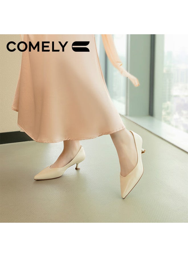 Comely High Heels For Women, Spring Season, Wine Glass Heel, Fashionable, Commuter, Date, Single Shoes, Simple Pointed Toe, Professional Shoes, Beige, Size 34 - Image 3