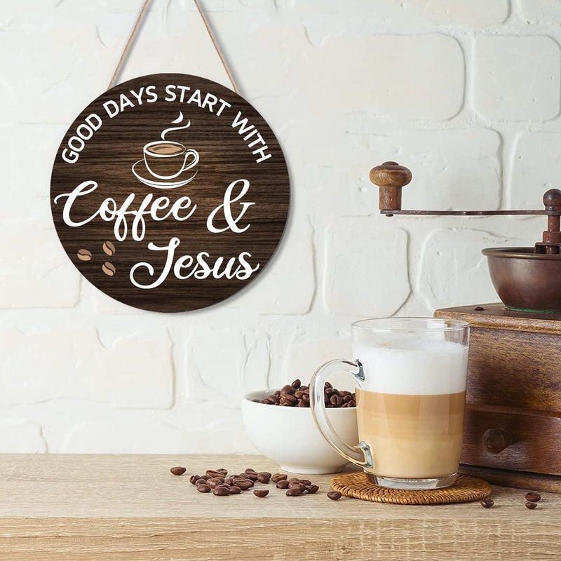 HMASYO Coffee Signs Decor for Coffee Bar  Good Days Start with Coffee & Jesus  Wood Farmhouse Wall Sign Coffee Bar Decor for Kitchen  Home  Office  Cafe  Coffee Station Housewarming Gift  12'' x 12'' - Image 3