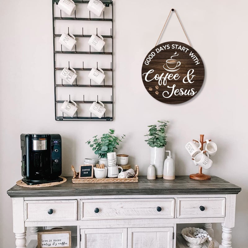 HMASYO Coffee Signs Decor for Coffee Bar  Good Days Start with Coffee & Jesus  Wood Farmhouse Wall Sign Coffee Bar Decor for Kitchen  Home  Office  Cafe  Coffee Station Housewarming Gift  12'' x 12'' - Image 4