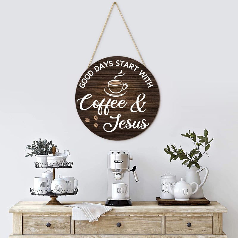 HMASYO Coffee Signs Decor for Coffee Bar  Good Days Start with Coffee & Jesus  Wood Farmhouse Wall Sign Coffee Bar Decor for Kitchen  Home  Office  Cafe  Coffee Station Housewarming Gift  12'' x 12'' - Image 2