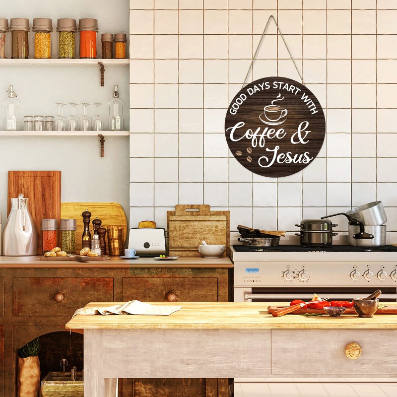 HMASYO Coffee Signs Decor for Coffee Bar  Good Days Start with Coffee & Jesus  Wood Farmhouse Wall Sign Coffee Bar Decor for Kitchen  Home  Office  Cafe  Coffee Station Housewarming Gift  12'' x 12'' - Image 5