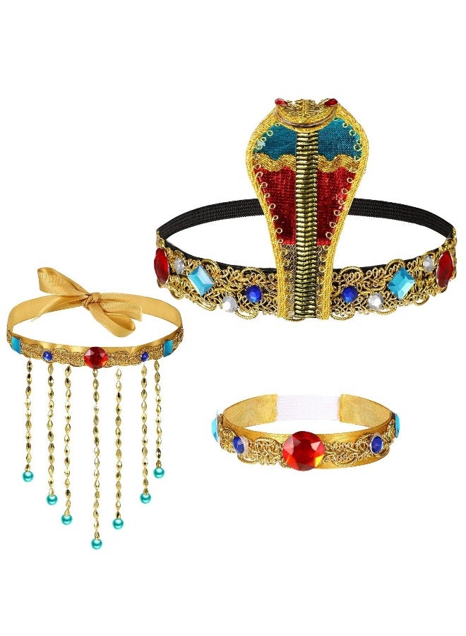 إكسسوارات أزياء رأس مصرية، 3 قطع من إكسسوار رأس معدني على شكل ثعبان مع خرز، عقد بتعليقات خرزية، سوار كريستالي للنساء والفتيات. - Image 1