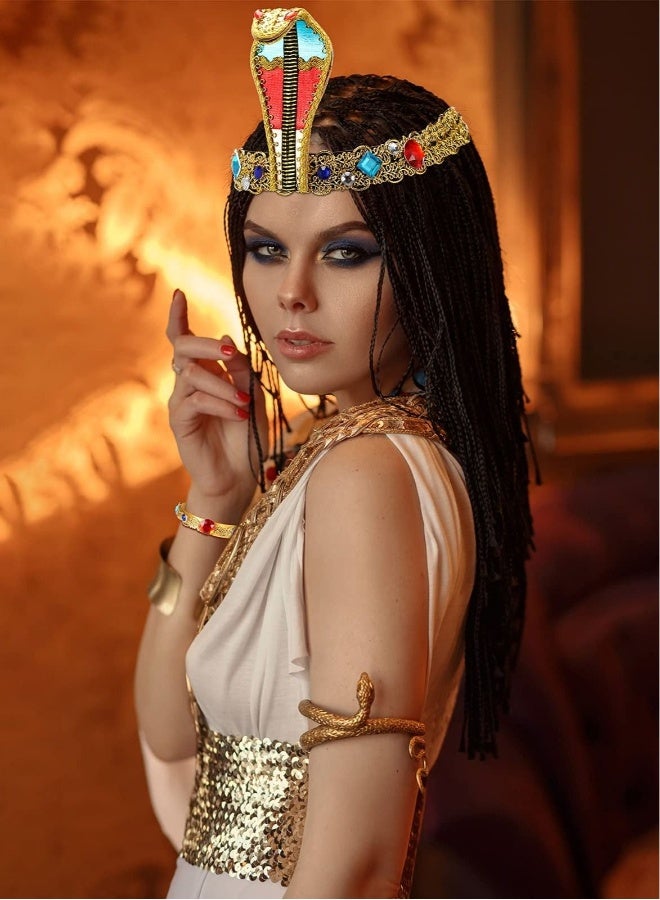 إكسسوارات أزياء رأس مصرية، 3 قطع من إكسسوار رأس معدني على شكل ثعبان مع خرز، عقد بتعليقات خرزية، سوار كريستالي للنساء والفتيات. - Image 4