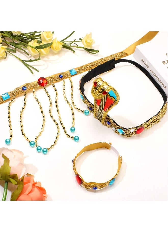 إكسسوارات أزياء رأس مصرية، 3 قطع من إكسسوار رأس معدني على شكل ثعبان مع خرز، عقد بتعليقات خرزية، سوار كريستالي للنساء والفتيات. - Image 3