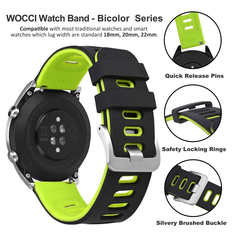 WOCCI 20mm Bicolor Watch Band, Silicone Rubber, Quick Release Replacement Strap for Men and Women, Silver Stainless Steel Buckle (Black-Spring Green) - Image 4