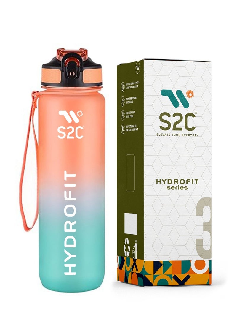 S2C™ Motivational Large Water Bottle 1L Tritan Plastic Water Bottle With Time Markers, Leak Proof Water Bottle For Kids, School Water Bottles Plastic Water Bottle Gym Bottle (BLUE-ORANGE) - Image 1