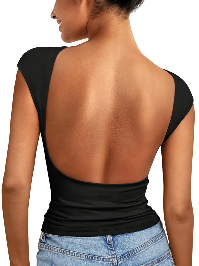 EFAN Womens Backless Tops Open Back Shirts Summer Crop Shirts Short Sleeve Cute Clothes Y2k Spring Outfits 2026 Black S - Image 1