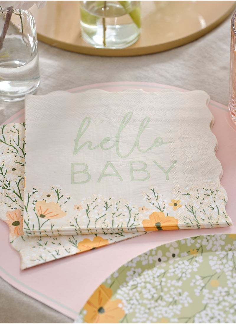 Ginger Ray Floral Hello Baby Paper Napkin - Pack of 16 - Image 1