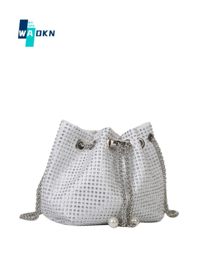 WAOKN Women's Shiny Clutch, Women's Rhinestone Banquet Bag Tote Bag Handbag, Fashion Chain Shoulder Bag Gift Bag Carrying Bag Sling Bag Side Bag for Party Dinner Wedding (Silver)  - Image 1